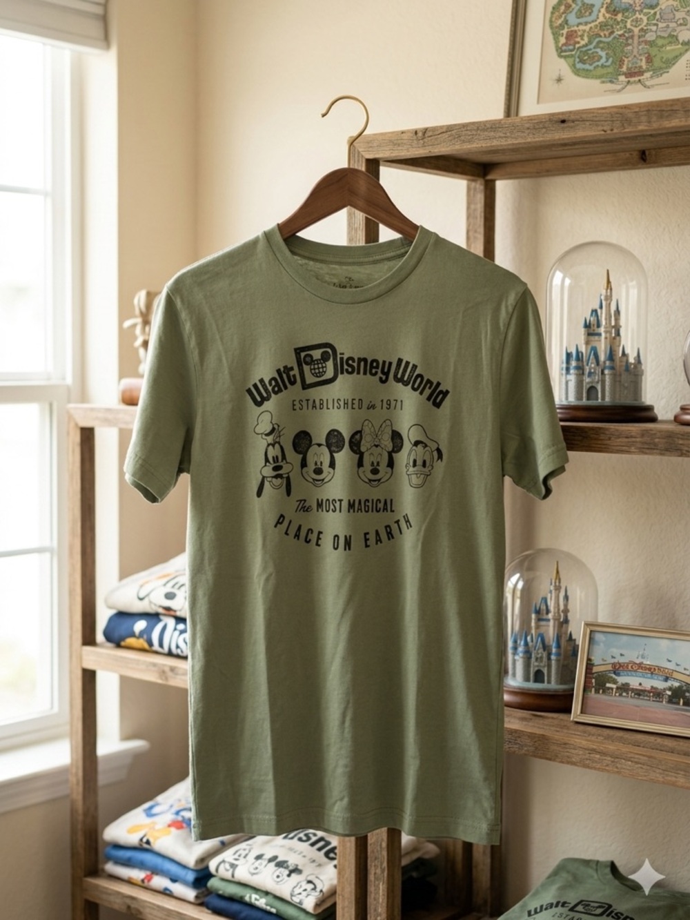 Disney Olive Crewneck Tee with Black Logo